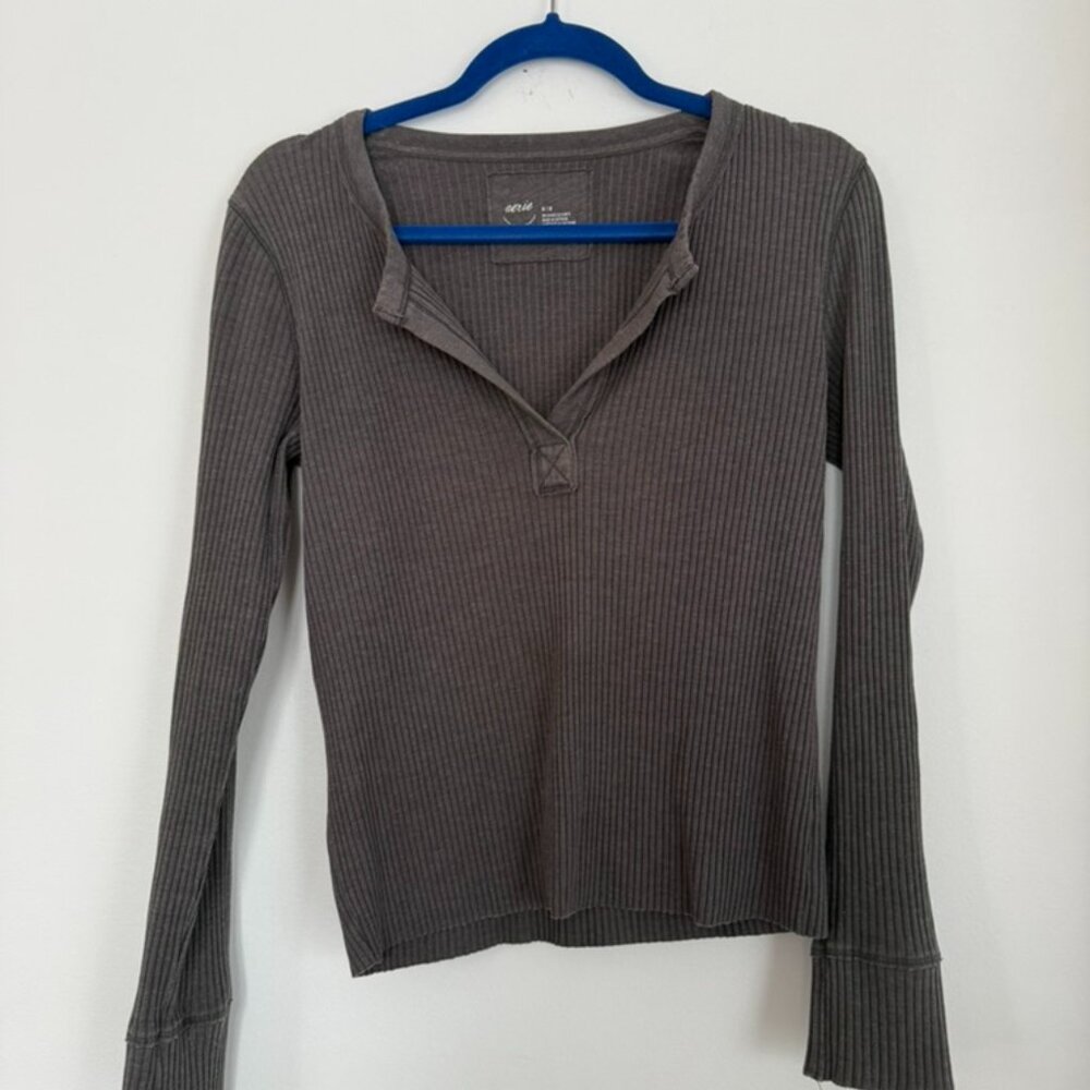 aerie Ribbed Long Sleeve Tee in Charcoal Gray